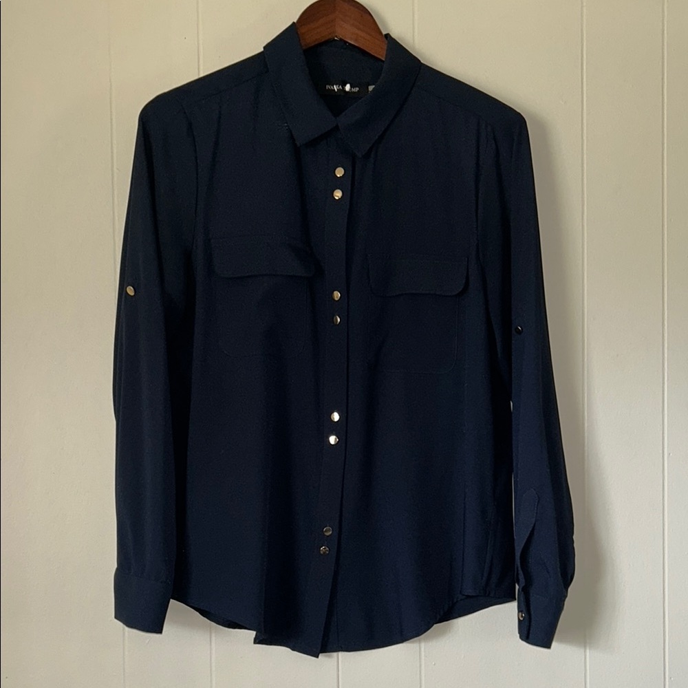 IVANKA TRUMP Deep Navy Button-Up Dress Blouse. Gold Buttons. SIZE L.